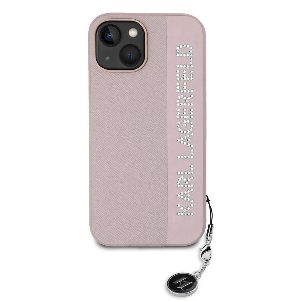Apple iPhone 15 Uyumlu Kılıf Karl Lagerfeld Orjinal Lisanslı Anahtarlıklı Taşlı KL Yazılı Saffiano Rhinestones Kapak - 10