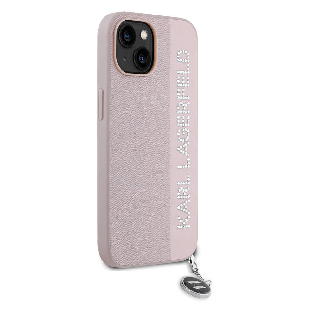 Apple iPhone 15 Uyumlu Kılıf Karl Lagerfeld Orjinal Lisanslı Anahtarlıklı Taşlı KL Yazılı Saffiano Rhinestones Kapak - 11