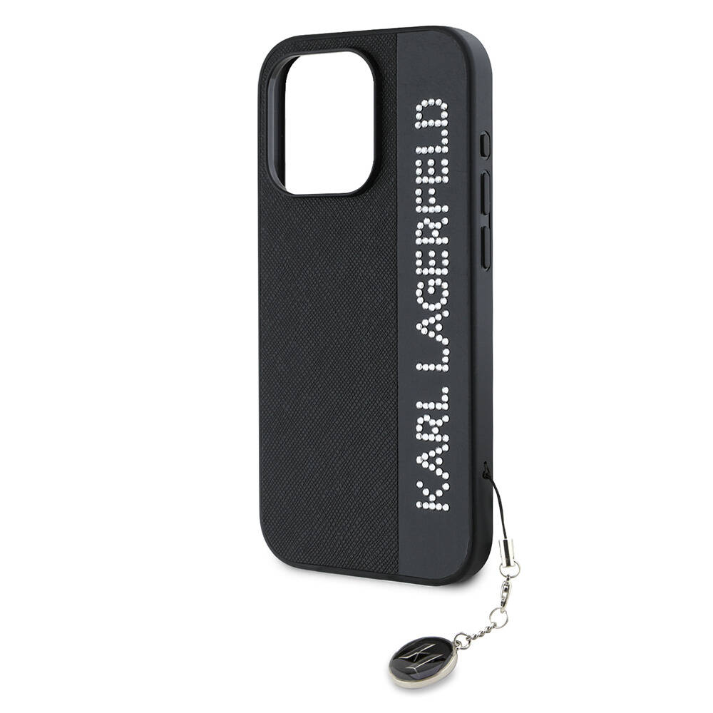 Apple iPhone 15 Pro Uyumlu Kılıf Karl Lagerfeld Orjinal Lisanslı Anahtarlıklı Taşlı KL Yazılı Saffiano Rhinestones Kapak - 1