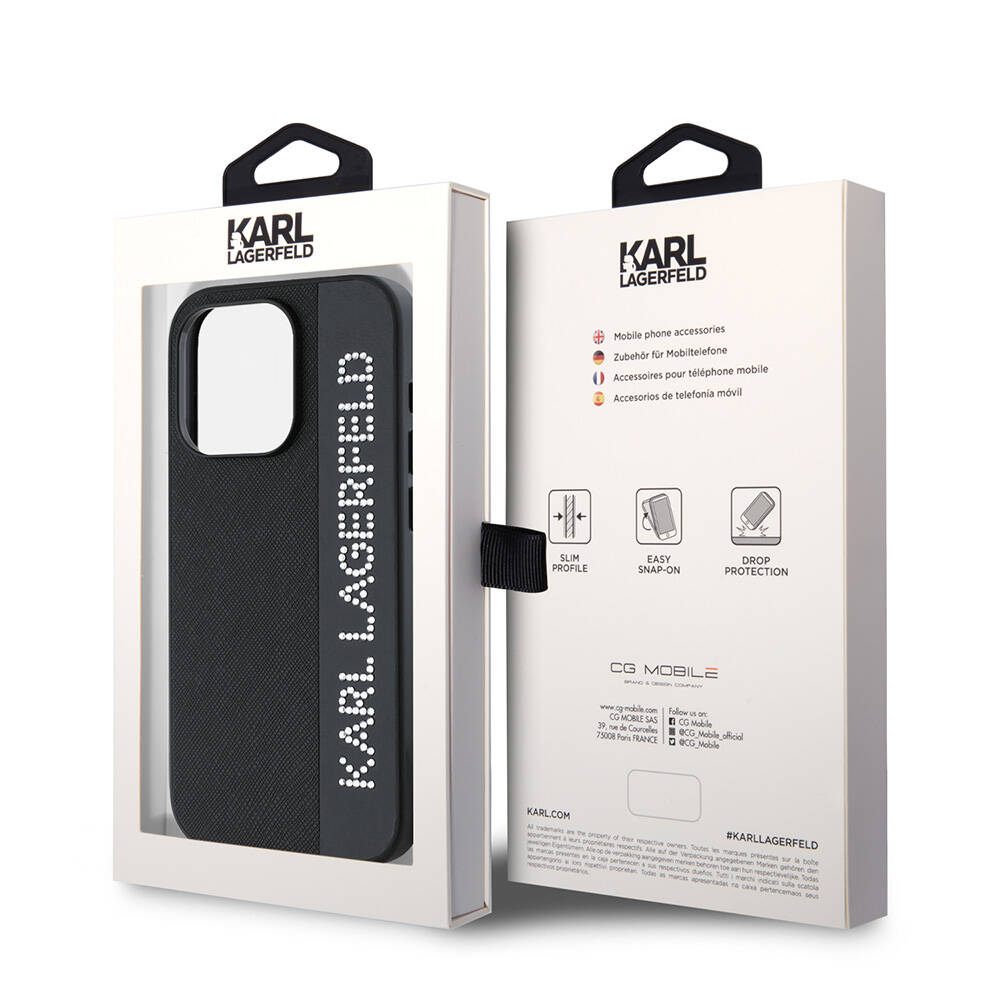 Apple iPhone 15 Pro Uyumlu Kılıf Karl Lagerfeld Orjinal Lisanslı Anahtarlıklı Taşlı KL Yazılı Saffiano Rhinestones Kapak - 2
