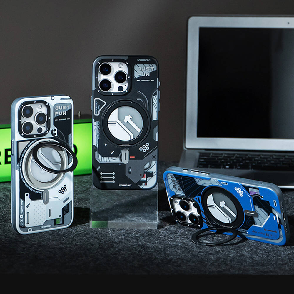 Apple iPhone 15 Pro Max Uyumlu Kılıf Magsafe Şarj Özellikli YoungKit 360° Standlı Starship Serisi Kapak - 11