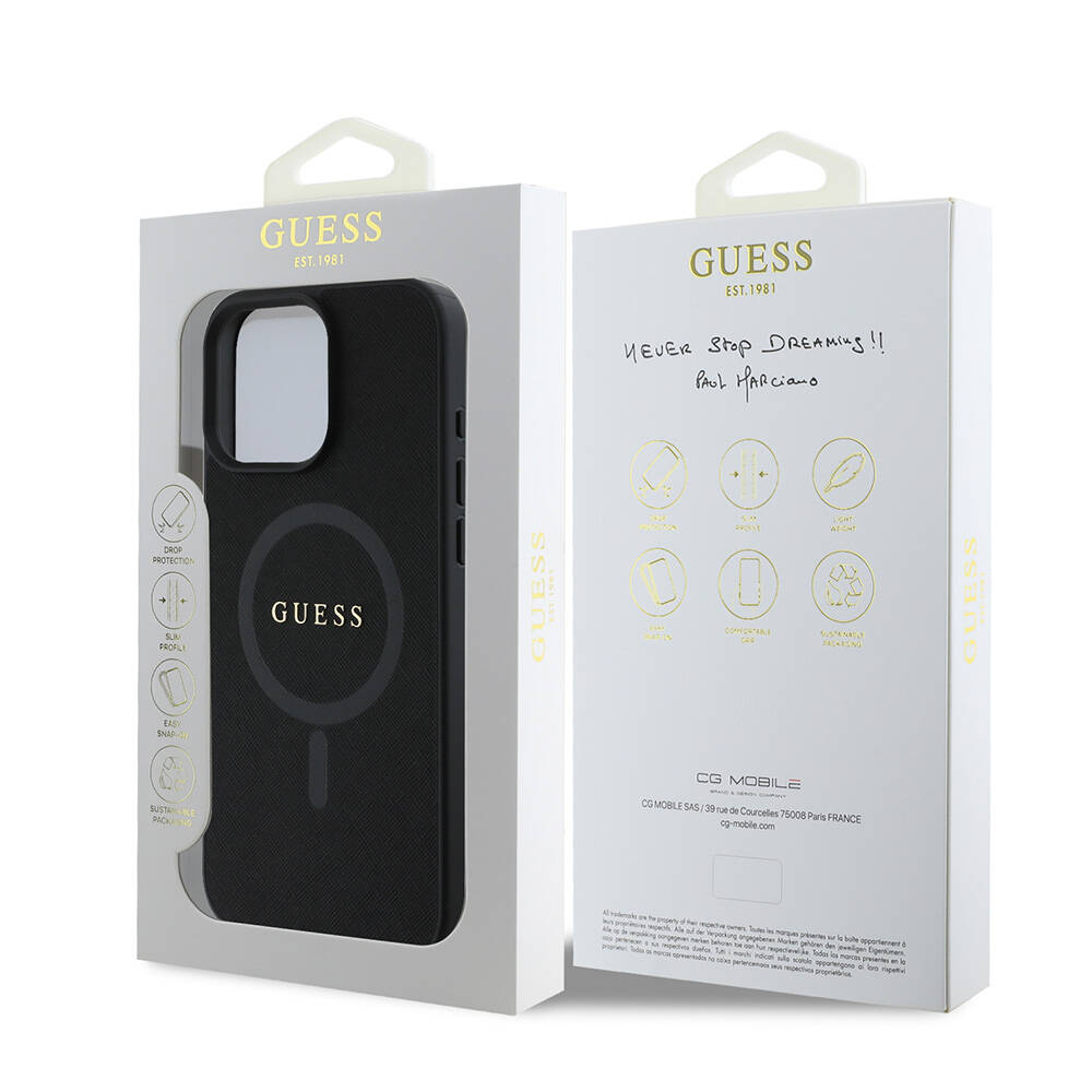 Apple iPhone 16 Pro Kılıf Guess Orjinal Lisanslı Magsafe Şarj Özellikli Yazı Logolu Saffiano Classic Kapak - 7