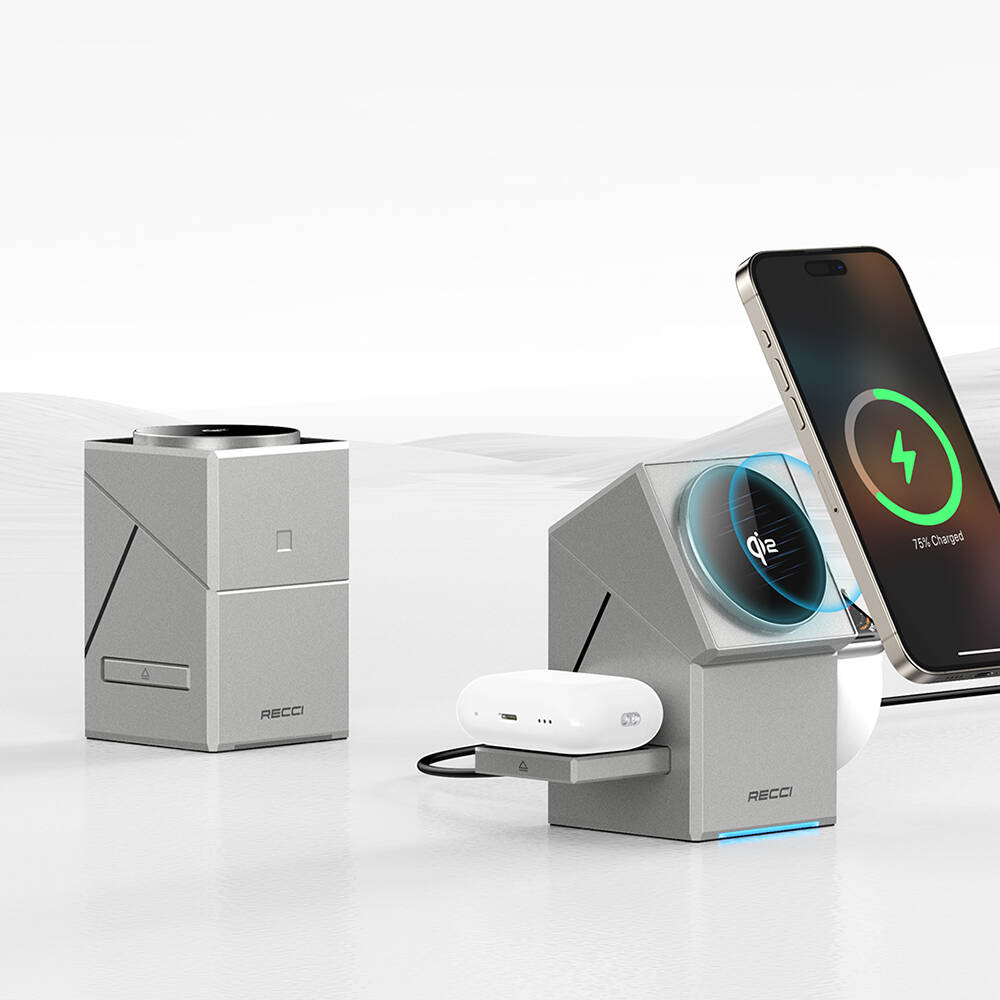 Recci RCW-47 Geometry Serisi Qi2 Şarj Teknolojili Rubik Küp Ambiyans Işıklı Telefon&Akıllı Saat&Kulaklık 15W 3in1 Kablosuz Şarj Standı - 2