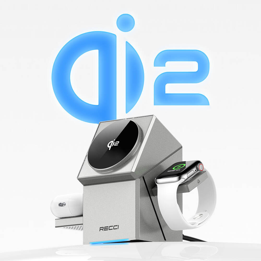 Recci RCW-47 Geometry Serisi Qi2 Şarj Teknolojili Rubik Küp Ambiyans Işıklı Telefon&Akıllı Saat&Kulaklık 15W 3in1 Kablosuz Şarj Standı - 3