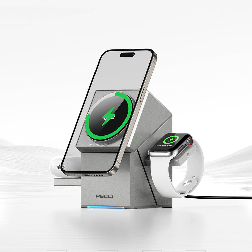 Recci RCW-47 Geometry Serisi Qi2 Şarj Teknolojili Rubik Küp Ambiyans Işıklı Telefon&Akıllı Saat&Kulaklık 15W 3in1 Kablosuz Şarj Standı - 5