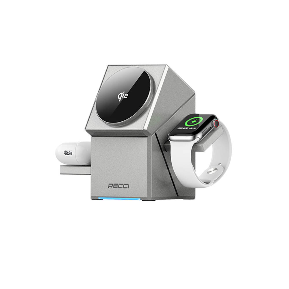 Recci RCW-47 Geometry Serisi Qi2 Şarj Teknolojili Rubik Küp Ambiyans Işıklı Telefon&Akıllı Saat&Kulaklık 15W 3in1 Kablosuz Şarj Standı - 7
