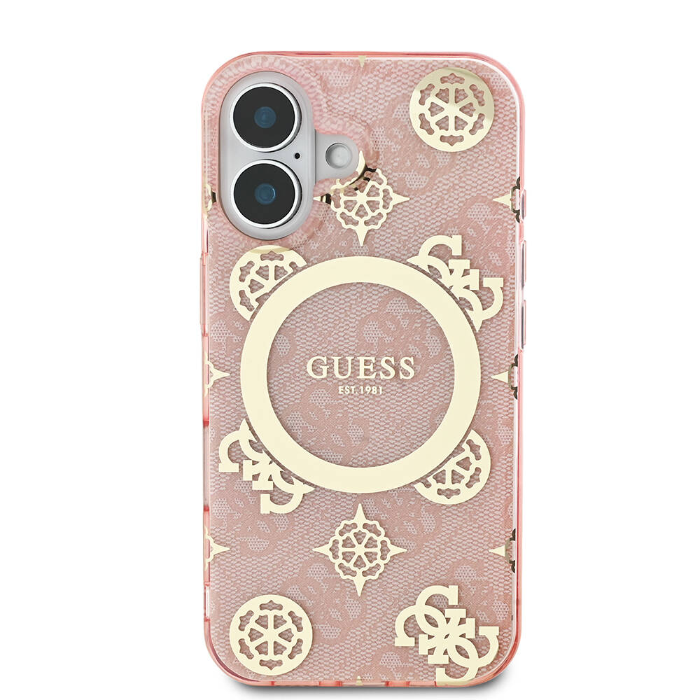 Apple iPhone 16 Plus Uyumlu Kılıf Guess Orjinal Lisanslı Magsafe Şarj Özellikli 4G Desenli IML Yazı Logolu Peony Kapak - 9