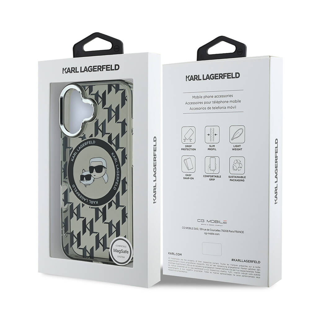Apple iPhone 16 Uyumlu Kılıf Karl Lagerfeld Orjinal Lisanslı Magsafe Şarj Özellikli IML Baskılı Metal Monogram KC Heads Kapak - 7