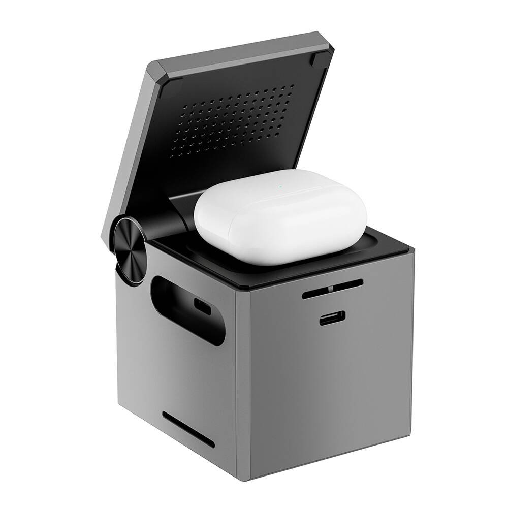 Wiwu Wi-W030 Small Square Küp Tasarımlı Telefon & Akıllı Saat & Kulaklık İçin 15W 3in1 Kablosuz Şarj Standı - 2