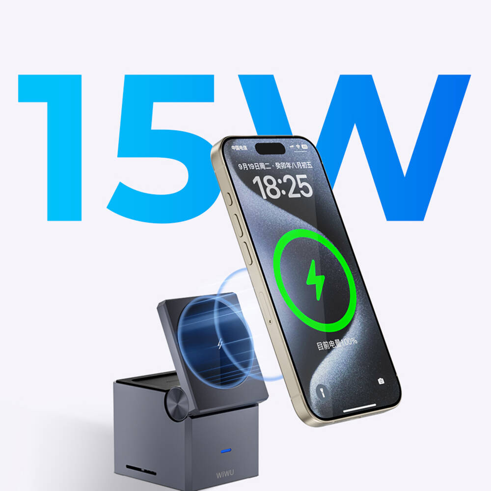 Wiwu Wi-W030 Small Square Küp Tasarımlı Telefon & Akıllı Saat & Kulaklık İçin 15W 3in1 Kablosuz Şarj Standı - 4