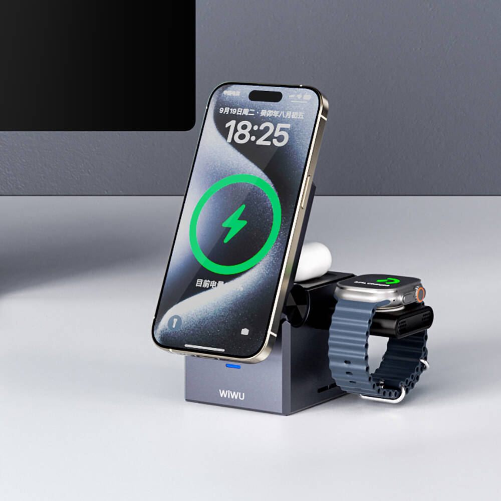 Wiwu Wi-W030 Small Square Küp Tasarımlı Telefon & Akıllı Saat & Kulaklık İçin 15W 3in1 Kablosuz Şarj Standı - 6