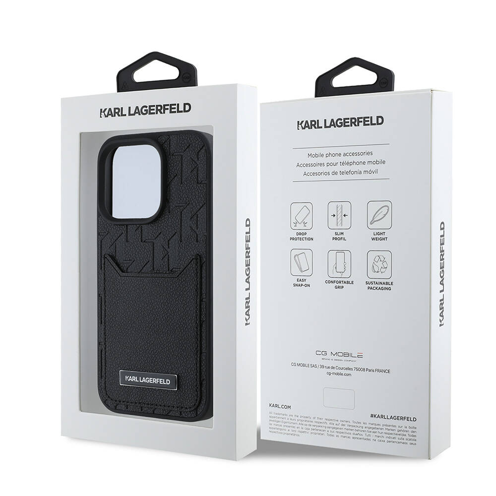 Apple iPhone 16 Pro Uyumlu Kılıf Karl Lagerfeld Orjinal Lisanslı Kartlıklı Monogram Sıcak Damgalı Elongated Logo Kapak - 7