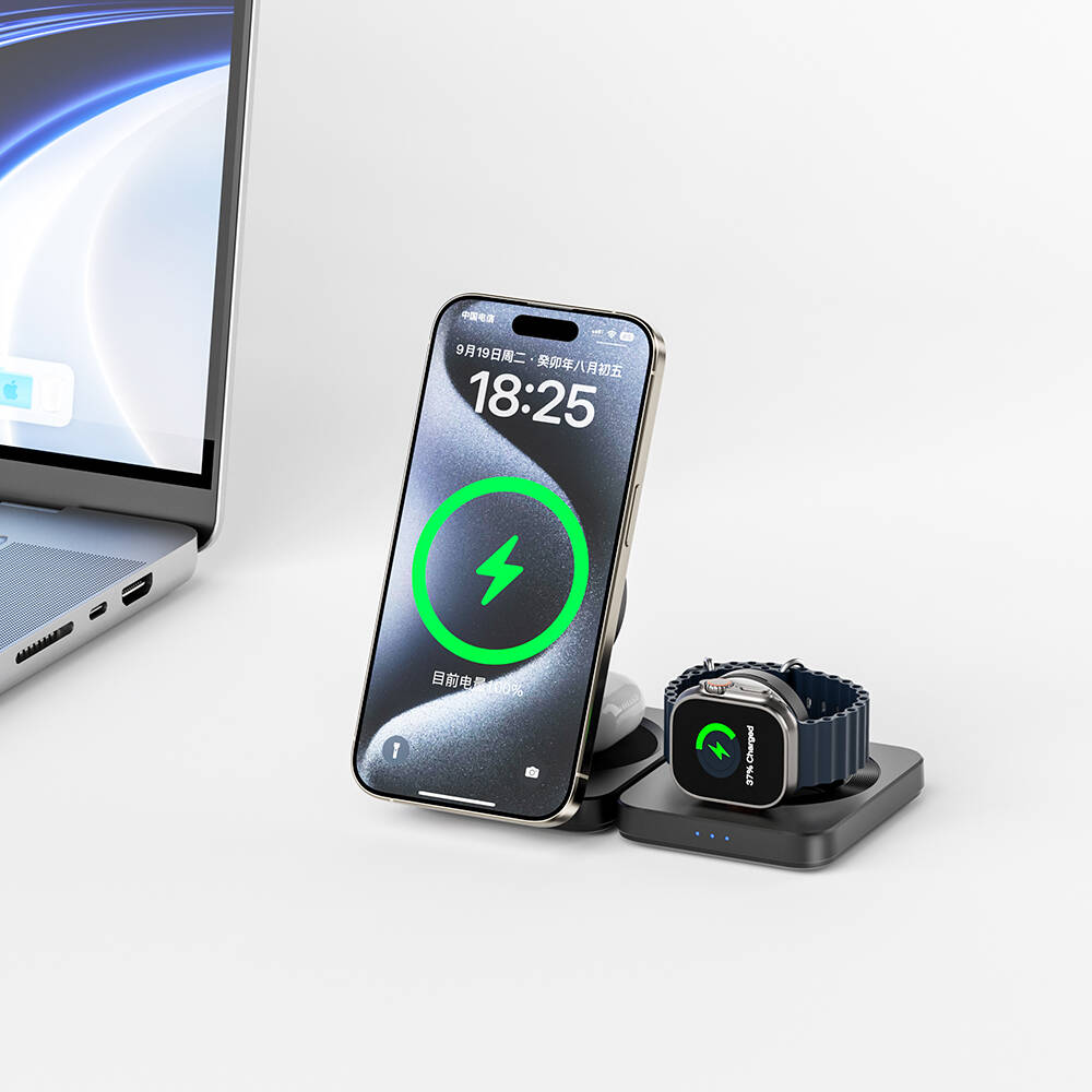 Wiwu Wi-W028 Qi2 Şarj Teknolojili Katlanabilir LED Işık Göstergeli 3in1 Kablosuz Şarj Standı - 4