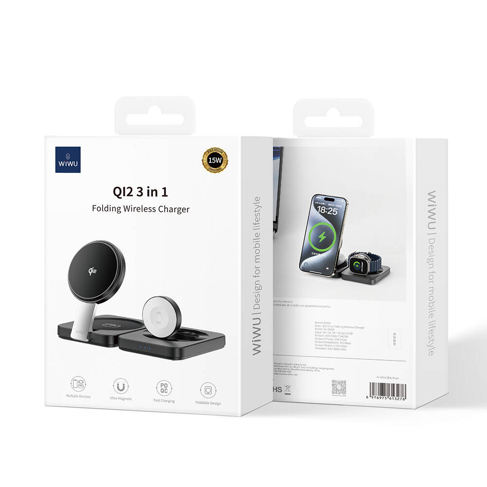 Wiwu Wi-W028 Qi2 Şarj Teknolojili Katlanabilir LED Işık Göstergeli 3in1 Kablosuz Şarj Standı - 5