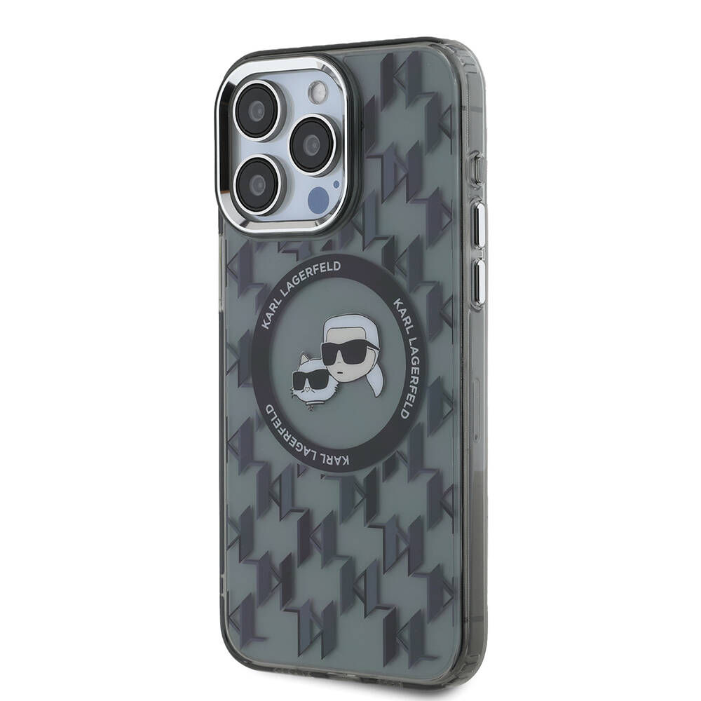 Apple iPhone 16 Pro Uyumlu Kılıf Karl Lagerfeld Orjinal Lisanslı Magsafe Şarj Özellikli IML Baskılı Metal Monogram KC Heads Kapak - 1