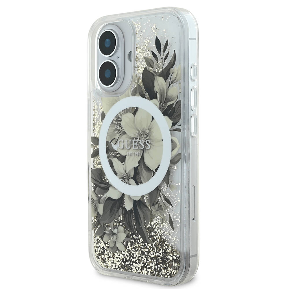 Apple iPhone 16 Uyumlu Kılıf Guess Orjinal Lisanslı Magsafe Şarj Özellikli LIQ Glitter Flower Kapak - 1