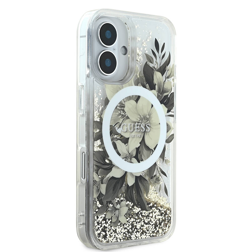 Apple iPhone 16 Uyumlu Kılıf Guess Orjinal Lisanslı Magsafe Şarj Özellikli LIQ Glitter Flower Kapak - 3