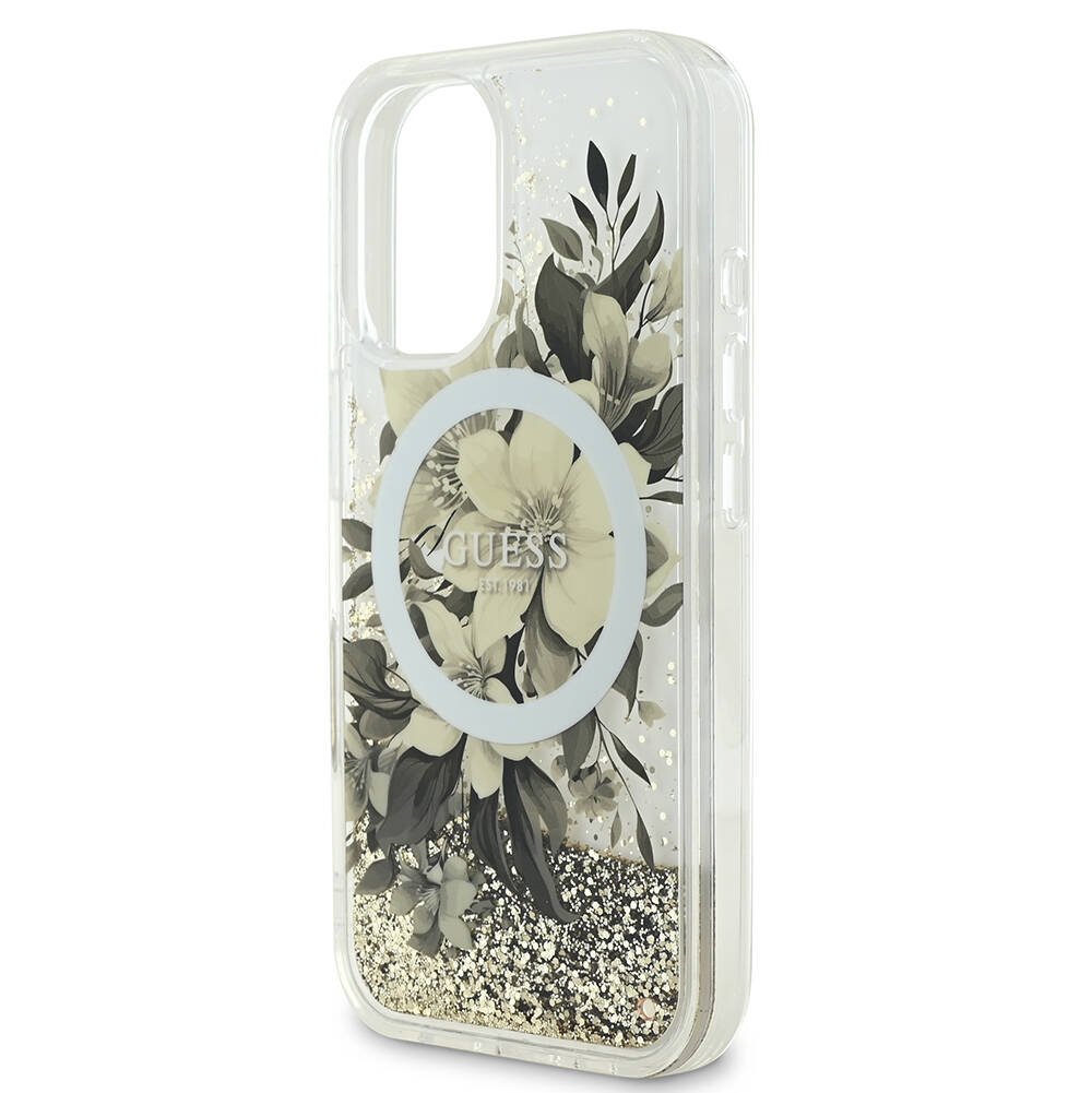 Apple iPhone 16 Uyumlu Kılıf Guess Orjinal Lisanslı Magsafe Şarj Özellikli LIQ Glitter Flower Kapak - 5
