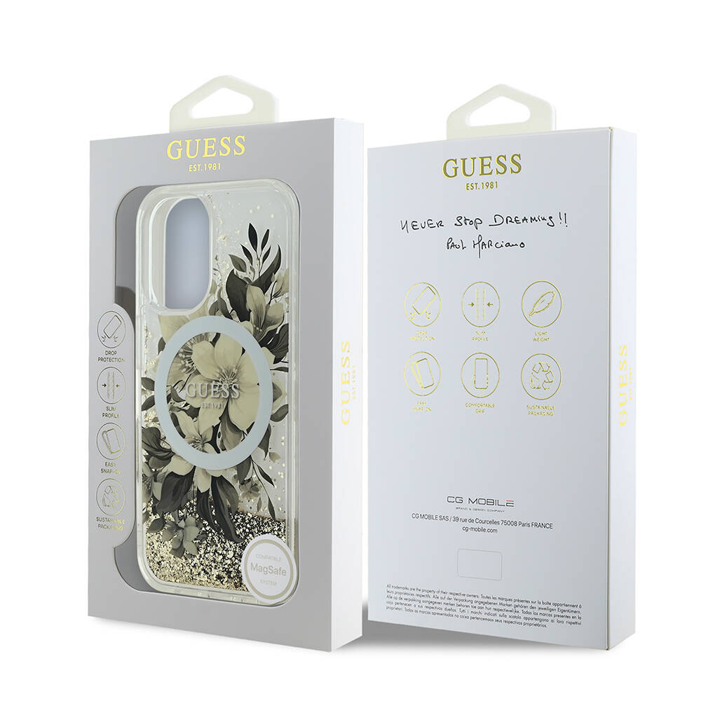 Apple iPhone 16 Uyumlu Kılıf Guess Orjinal Lisanslı Magsafe Şarj Özellikli LIQ Glitter Flower Kapak - 7