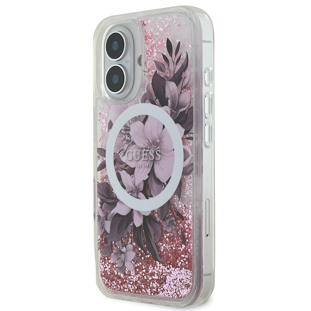 Apple iPhone 16 Uyumlu Kılıf Guess Orjinal Lisanslı Magsafe Şarj Özellikli LIQ Glitter Flower Kapak - 9