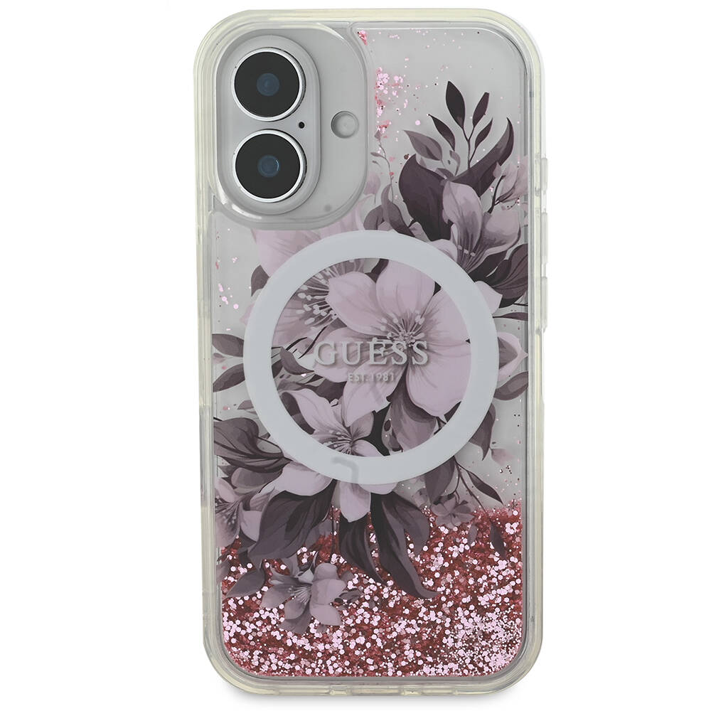 Apple iPhone 16 Uyumlu Kılıf Guess Orjinal Lisanslı Magsafe Şarj Özellikli LIQ Glitter Flower Kapak - 10