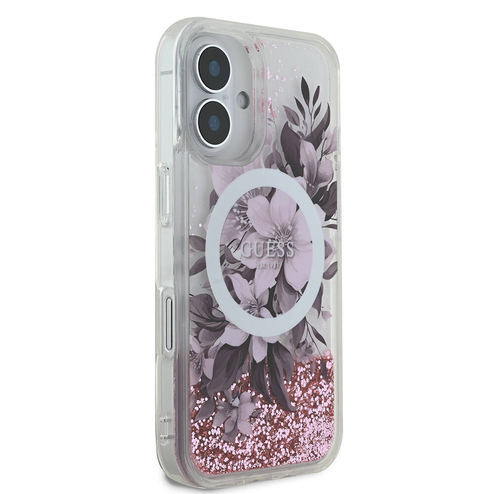 Apple iPhone 16 Uyumlu Kılıf Guess Orjinal Lisanslı Magsafe Şarj Özellikli LIQ Glitter Flower Kapak - 11