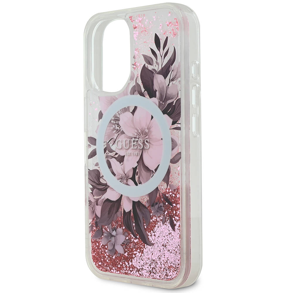 Apple iPhone 16 Uyumlu Kılıf Guess Orjinal Lisanslı Magsafe Şarj Özellikli LIQ Glitter Flower Kapak - 13