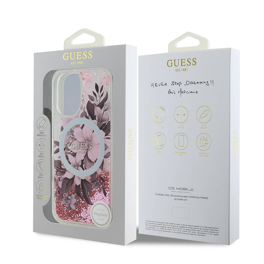 Apple iPhone 16 Uyumlu Kılıf Guess Orjinal Lisanslı Magsafe Şarj Özellikli LIQ Glitter Flower Kapak - 15