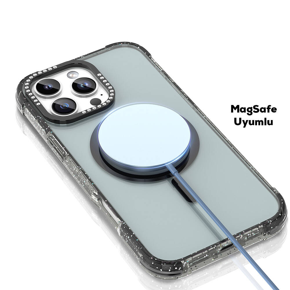 Apple iPhone 16 Pro Max Uyumlu Kılıf Magsafe Şarj Özellikli Taşlı ve Simli Tasarım Mutural Blink Kapak - 1