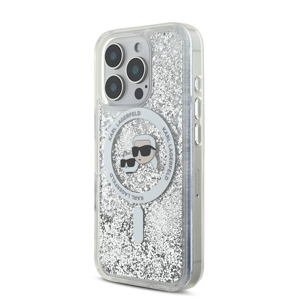 Apple iPhone 16 Pro Uyumlu Kılıf Karl Lagerfeld Orjinal Lisanslı Magsafe Şarj Özellikli Sıvılı Simli KC Heads Kapak - 1