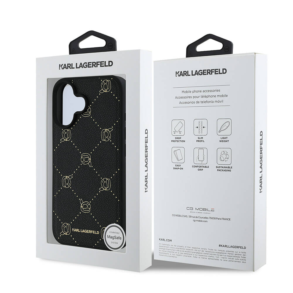 Apple iPhone 16 Uyumlu Kılıf Karl Lagerfeld Orjinal Lisanslı Magsafe Şarj Özellikli PU Deri Karl Heads Desenli Klasik Logolu Kapak - 7
