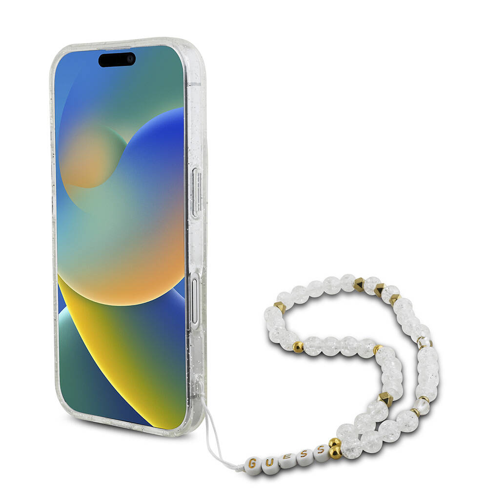 Apple iPhone 16 Plus Uyumlu Kılıf Guess Orjinal Lisanslı Magsafe Şarj Özellikli Simli Silikon İnci Bileklikli Kapak - 17