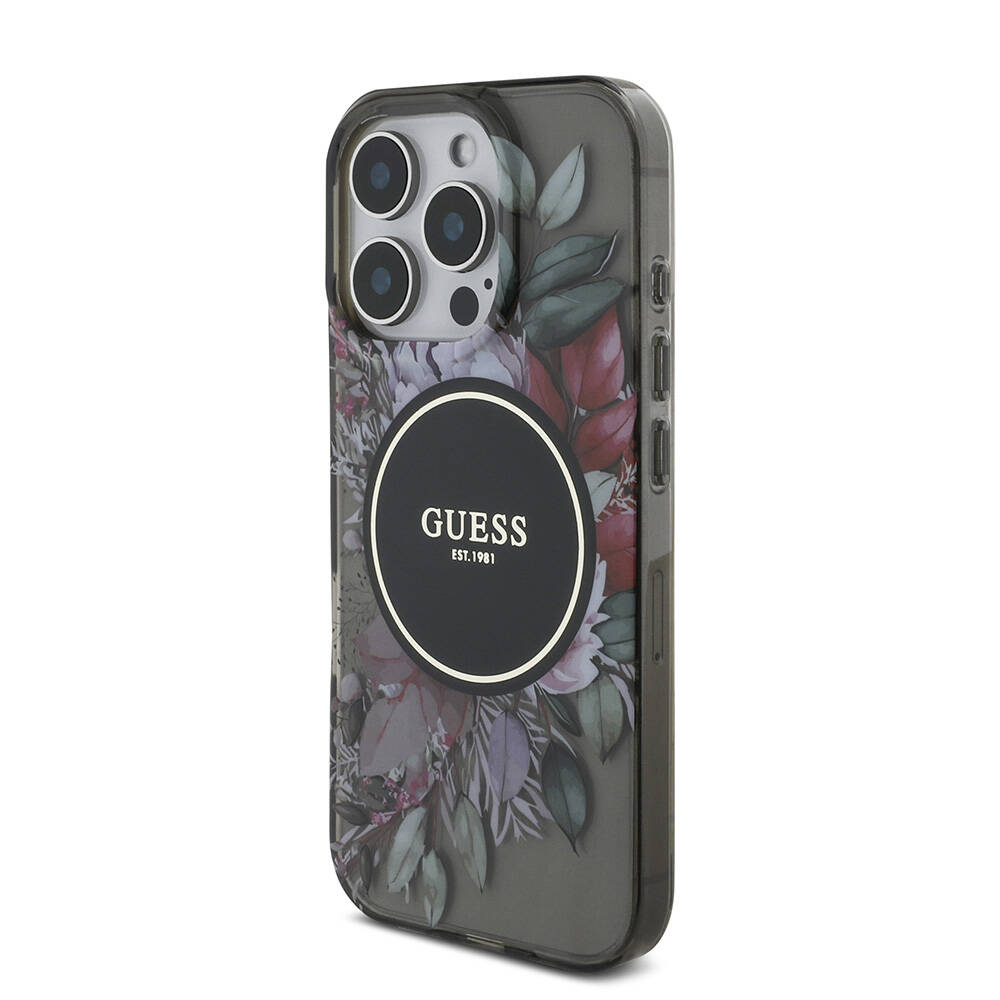 Apple iPhone 16 Pro Max Uyumlu Kılıf Guess Orjinal Lisanslı Magsafe Şarj Özellikli IML Baskılı Çiçek İnci Bileklikli Kapak - 24