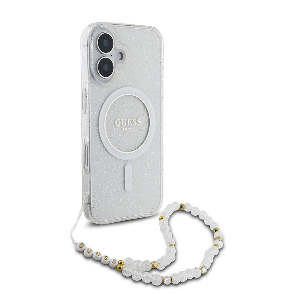 Apple iPhone 16 Uyumlu Kılıf Guess Orjinal Lisanslı Magsafe Şarj Özellikli Simli Silikon İnci Bileklikli Kapak - 2