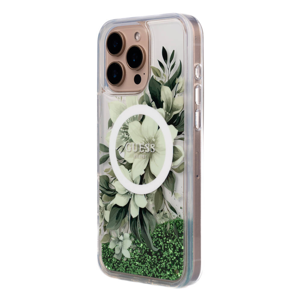 Apple iPhone 16 Pro Uyumlu Kılıf Guess Orjinal Lisanslı Magsafe Şarj Özellikli Sıvılı Simli Çiçek Desenli Kapak - 21