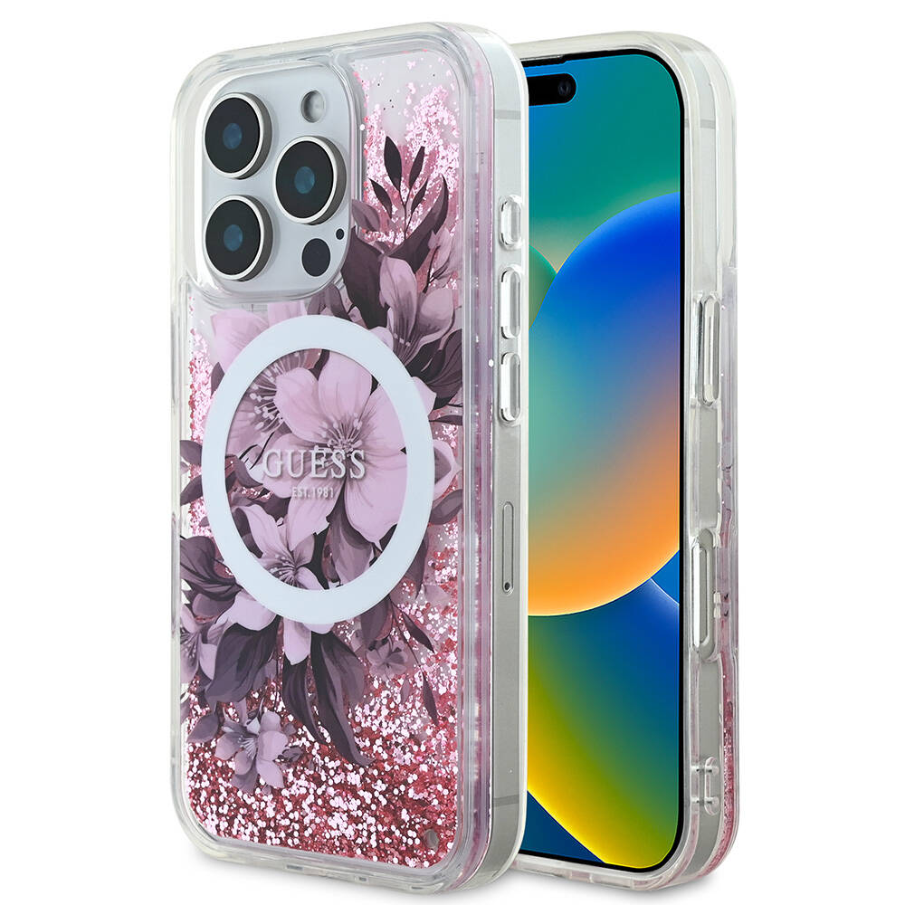 Apple iPhone 16 Pro Max Uyumlu Kılıf Guess Orjinal Lisanslı Magsafe Şarj Özellikli Sıvılı Simli Çiçek Desenli Kapak - 1