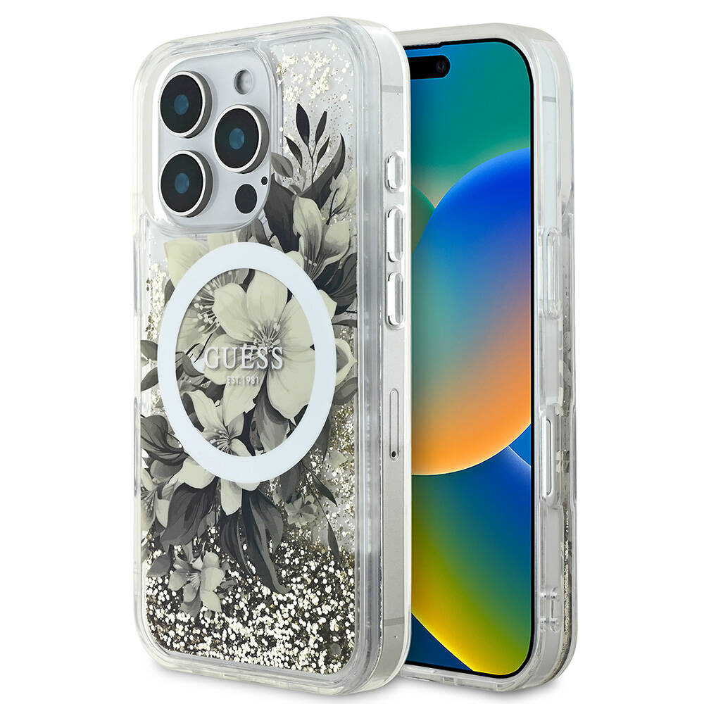 Apple iPhone 16 Pro Max Uyumlu Kılıf Guess Orjinal Lisanslı Magsafe Şarj Özellikli Sıvılı Simli Çiçek Desenli Kapak - 2
