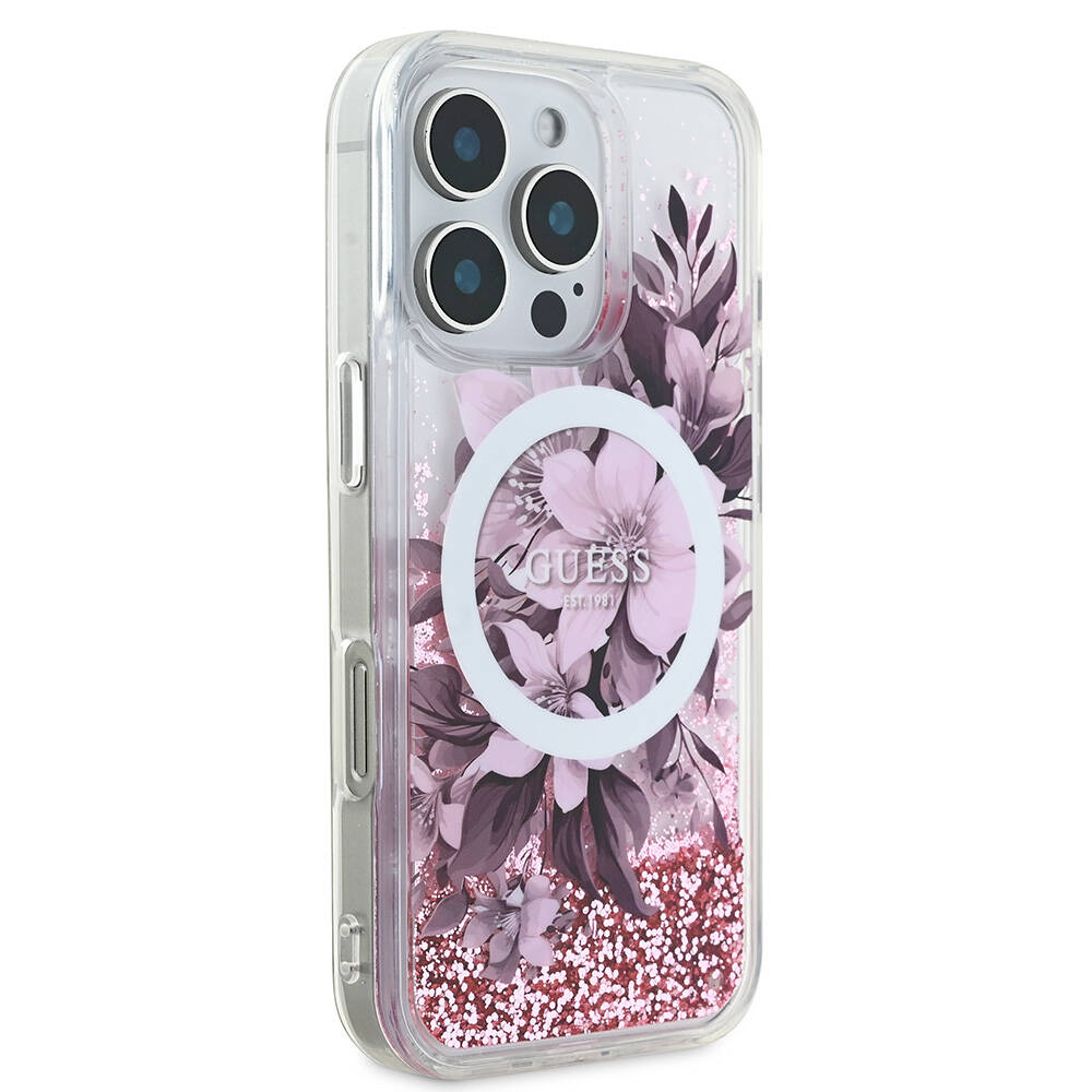Apple iPhone 16 Pro Max Uyumlu Kılıf Guess Orjinal Lisanslı Magsafe Şarj Özellikli Sıvılı Simli Çiçek Desenli Kapak - 10