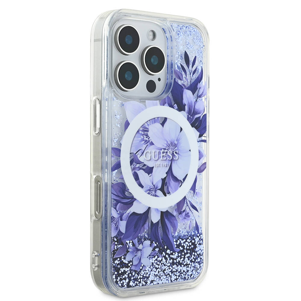 Apple iPhone 16 Pro Max Uyumlu Kılıf Guess Orjinal Lisanslı Magsafe Şarj Özellikli Sıvılı Simli Çiçek Desenli Kapak - 16