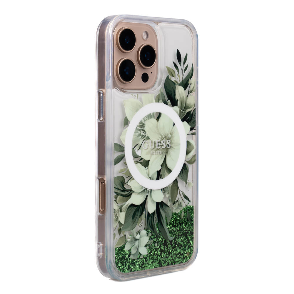 Apple iPhone 16 Pro Max Uyumlu Kılıf Guess Orjinal Lisanslı Magsafe Şarj Özellikli Sıvılı Simli Çiçek Desenli Kapak - 23