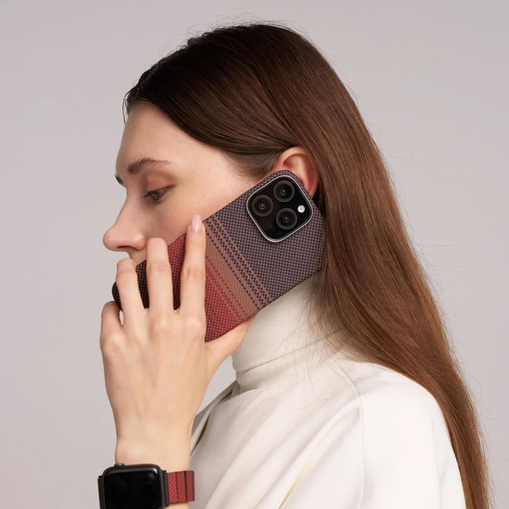 Apple iPhone 16 Pro Max Uyumlu Kılıf Magsafe Şarj Özellikli Aramid Fiber Pitaka Tactile Woven Sunset-Moonrise Serisi Sunset Kapak - 5