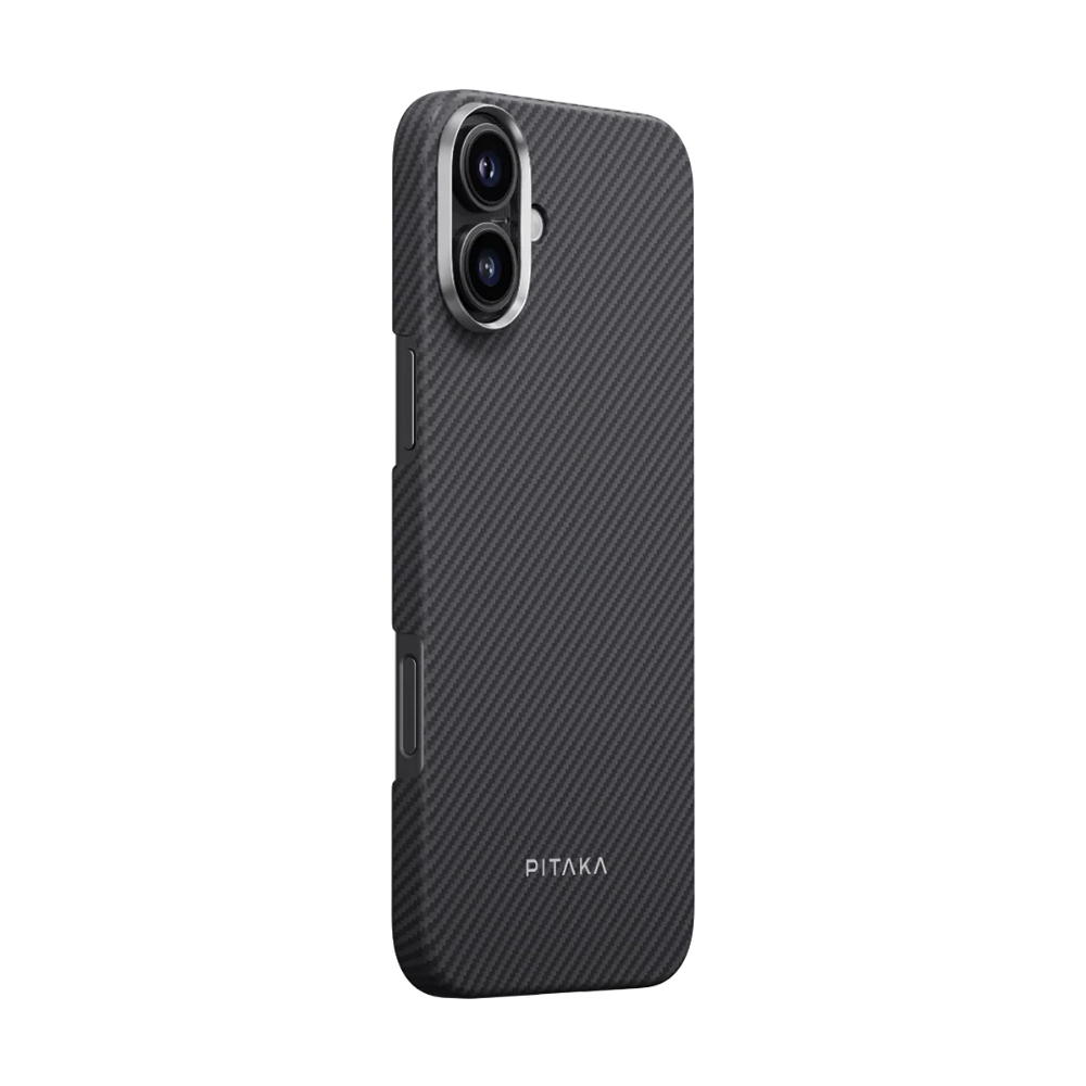 Apple iPhone 16 Plus Uyumlu Kılıf Magsafe Şarj Özellikli 600D Aramid Fiber Pitaka Ultra-Slim Classic Serisi Black-Grey Twill Kapak - 1