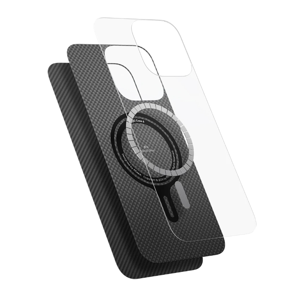 Apple iPhone 16 Plus Uyumlu Kılıf Magsafe Şarj Özellikli 600D Aramid Fiber Pitaka Ultra-Slim Classic Serisi Black-Grey Twill Kapak - 3