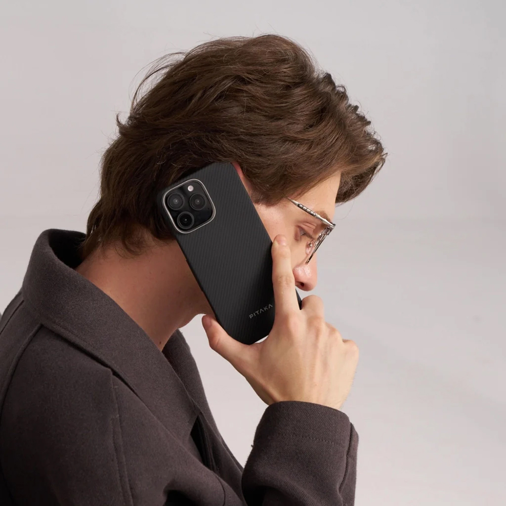 Apple iPhone 16 Pro Max Uyumlu Kılıf Magsafe Şarj Özellikli 600D Aramid Fiber Pitaka Ultra-Slim Classic Serisi Black-Grey Twill Kapak - 5