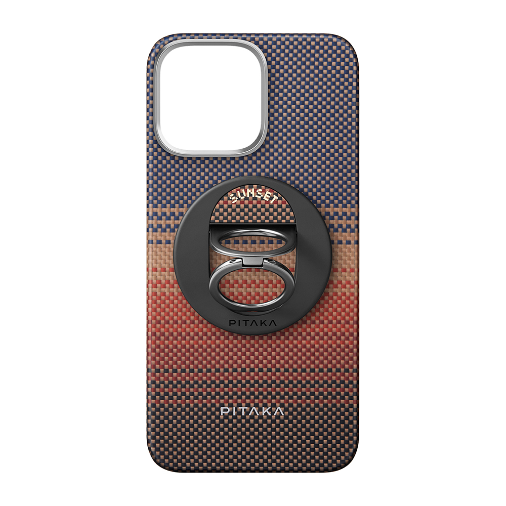 Apple iPhone 16 Pro Uyumlu Kılıf Magsafe Şarj Özellikli Grip 3 Standlı Aramid Fiber Pitaka Tactile Woven Sunset-Moonrise Serisi Sunset Kapak - 1