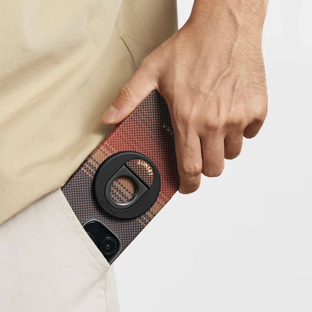 Apple iPhone 16 Pro Max Uyumlu Kılıf Magsafe Şarj Özellikli Grip 3 Standlı Aramid Fiber Pitaka Tactile Woven Sunset-Moonrise Serisi Sunset Kapak - 6