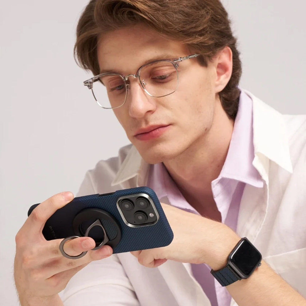 Apple iPhone 16 Pro Max Uyumlu Kılıf Magsafe Şarj Özellikli Grip 3 Standlı Aramid Fiber Pitaka Tactile Woven Sunset-Moonrise Serisi Moonrise Kapak - 5