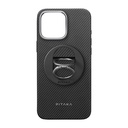 Apple iPhone 16 Pro Max Uyumlu Kılıf Magsafe Şarj Özellikli Grip 3 Standlı Aramid Fiber Pitaka Military Grade Classic Serisi Black-Grey Twill Kapak - 1