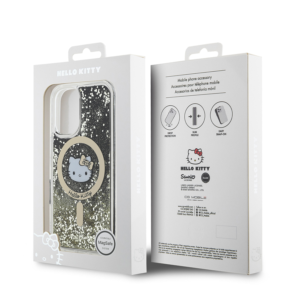 Apple iPhone 16 Uyumlu Kılıf Hello Kitty Orjinal Lisanslı Magsafe Şarj Özellikli IML Baskı Kitty Head Logolu Sıvılı Simli Altın Ateşi Kapak - 1