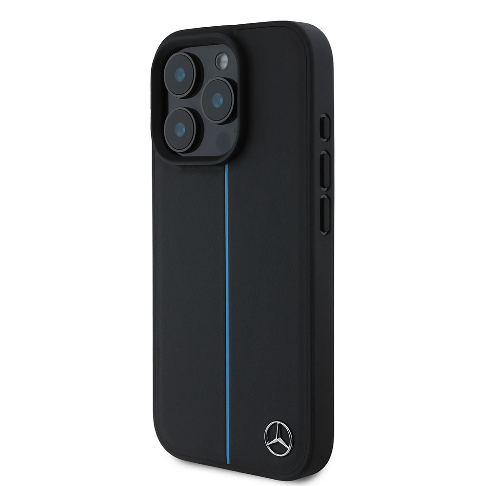 Apple iPhone 16 Pro Max Uyumlu Kılıf Mercedes Benz Orjinal Lisanslı Magsafe Şarj Özellikli Metal Yıldız Logolu Mavi Çizgili Deri Kapak - 1